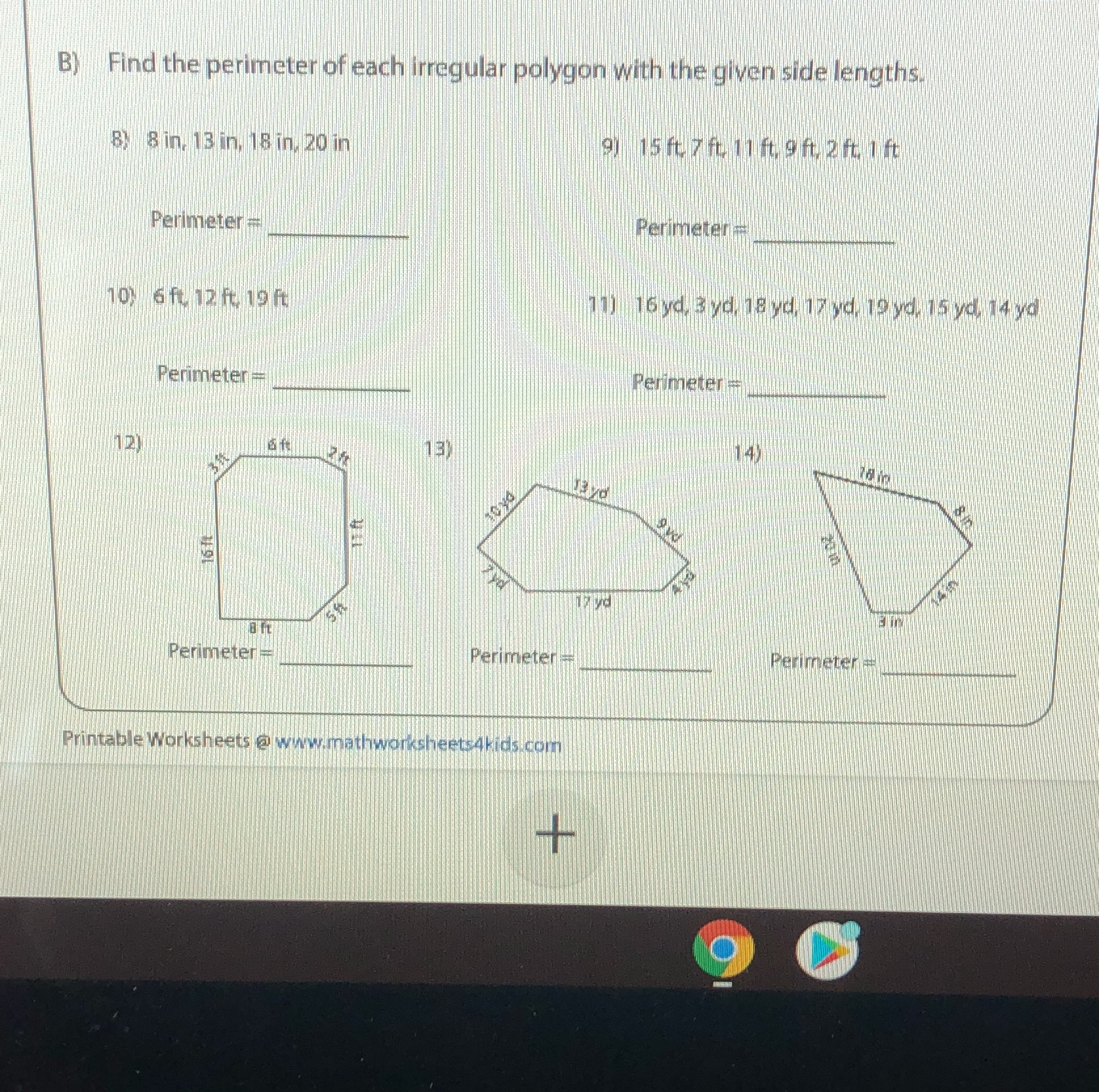 B) Find the perimeter of each irregular polygon