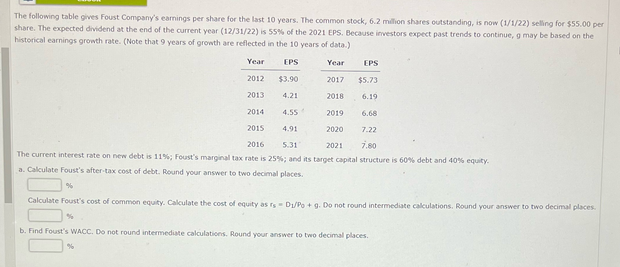 The following table gives Foust Company's