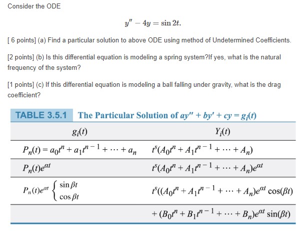 Consider the ODE y" - 4y = sin 2t. [ 6 points]