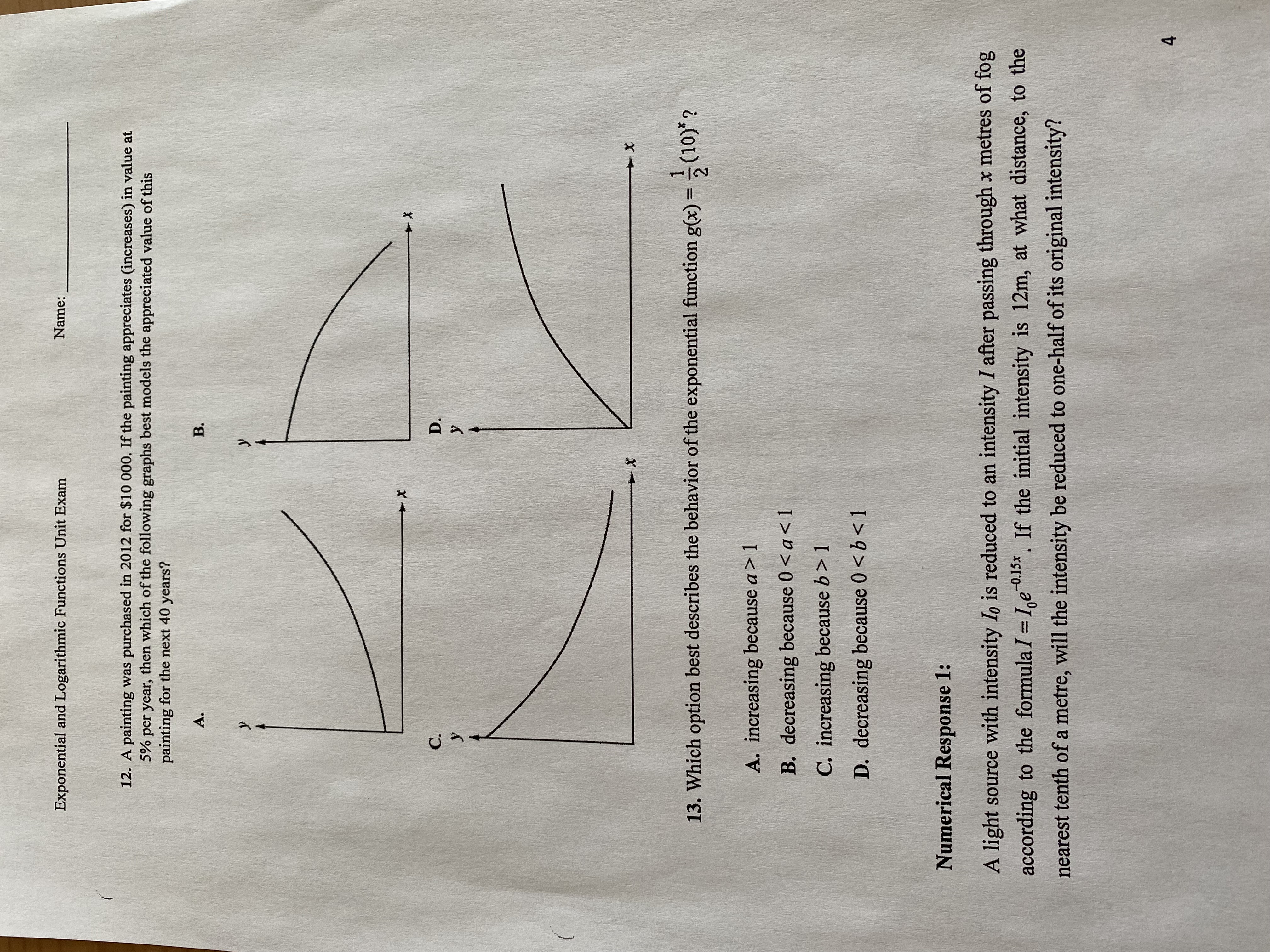 Exponential and Logarithmic Functions Unit Exam