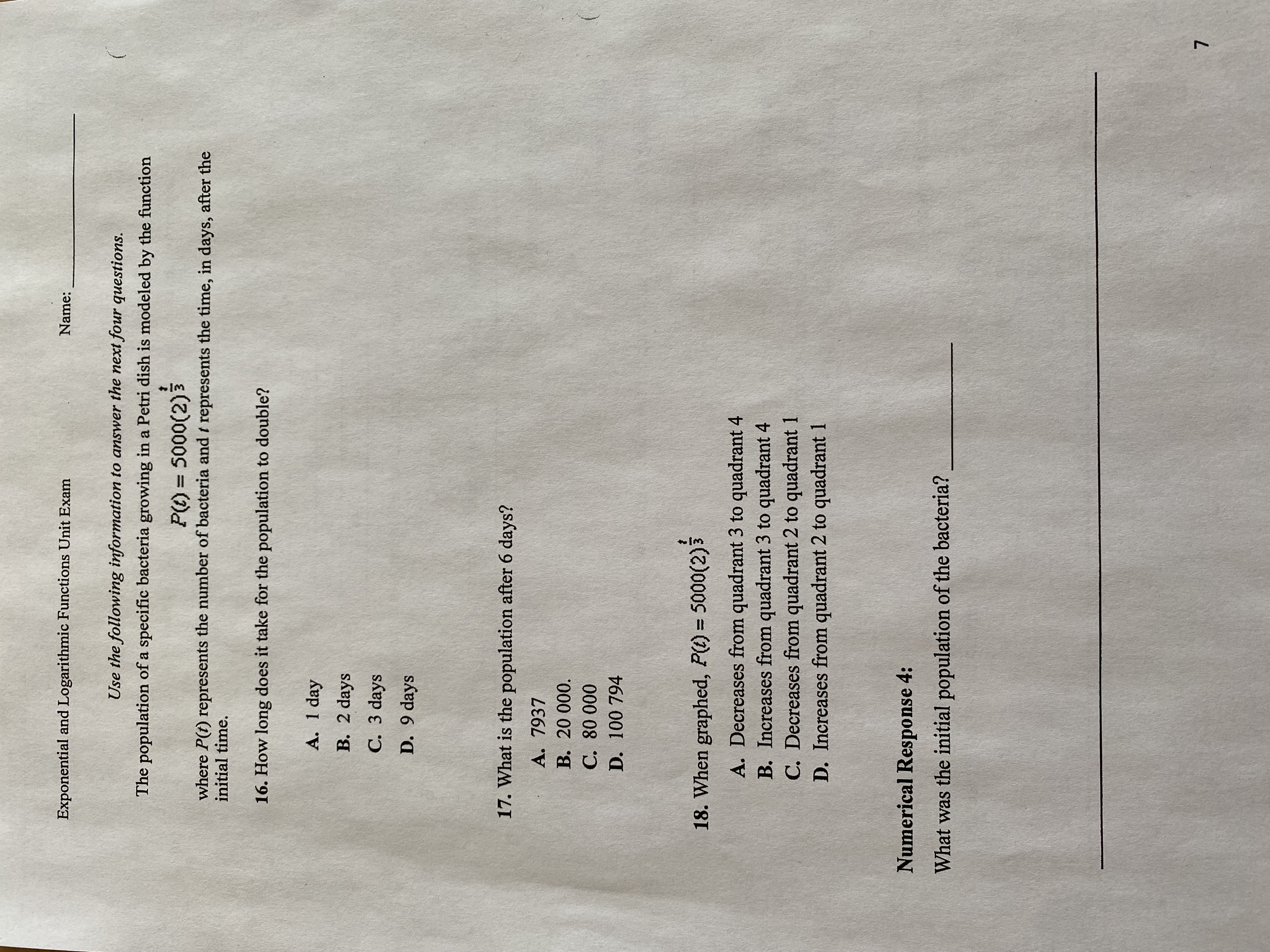 Exponential and Logarithmic Functions Unit Exam