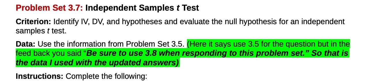 Problem Set 3.7: Independent Samples t Test