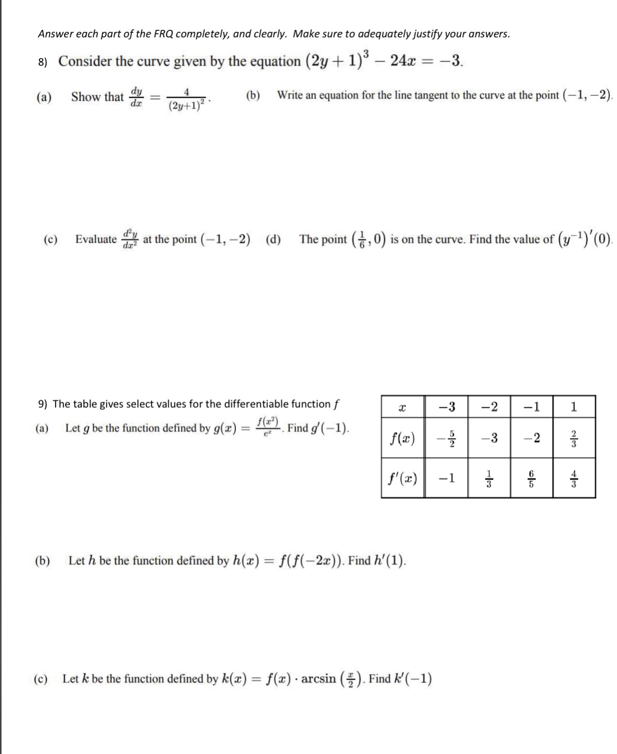Solve on paper Answer each part of the FRQ