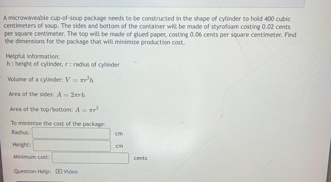Math A microwaveable cup-of-soup package needs to