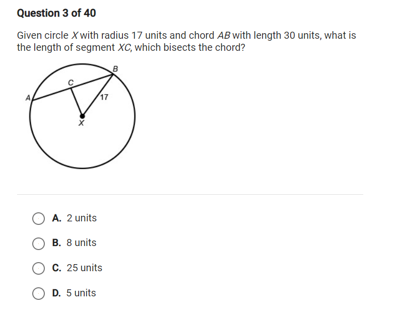 Question 3 of 40 Given circle Xwith radius 17