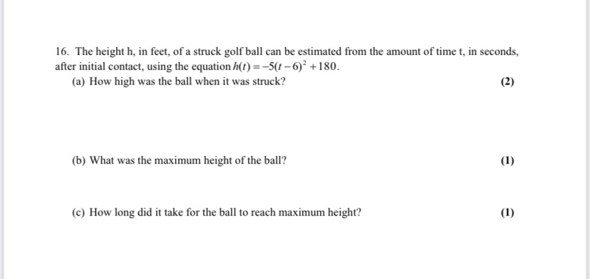 show all work 16. The height h, in feet, of a