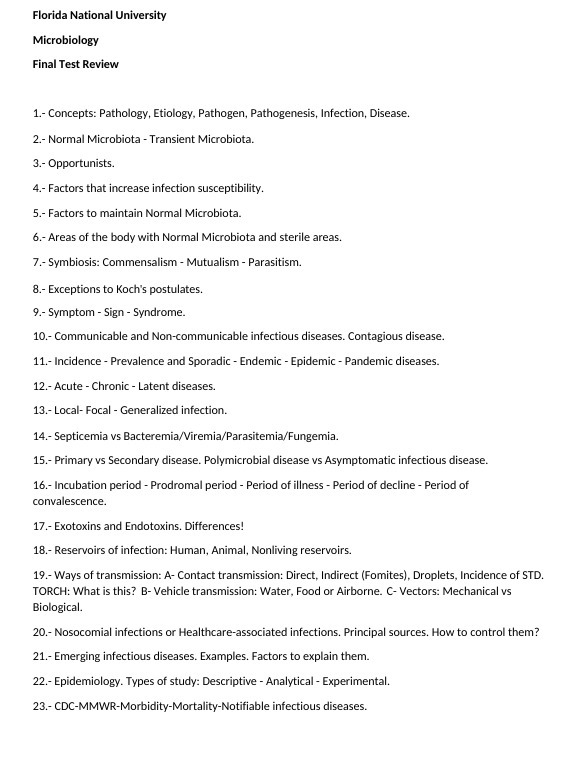 Florida National University Microbiology Final