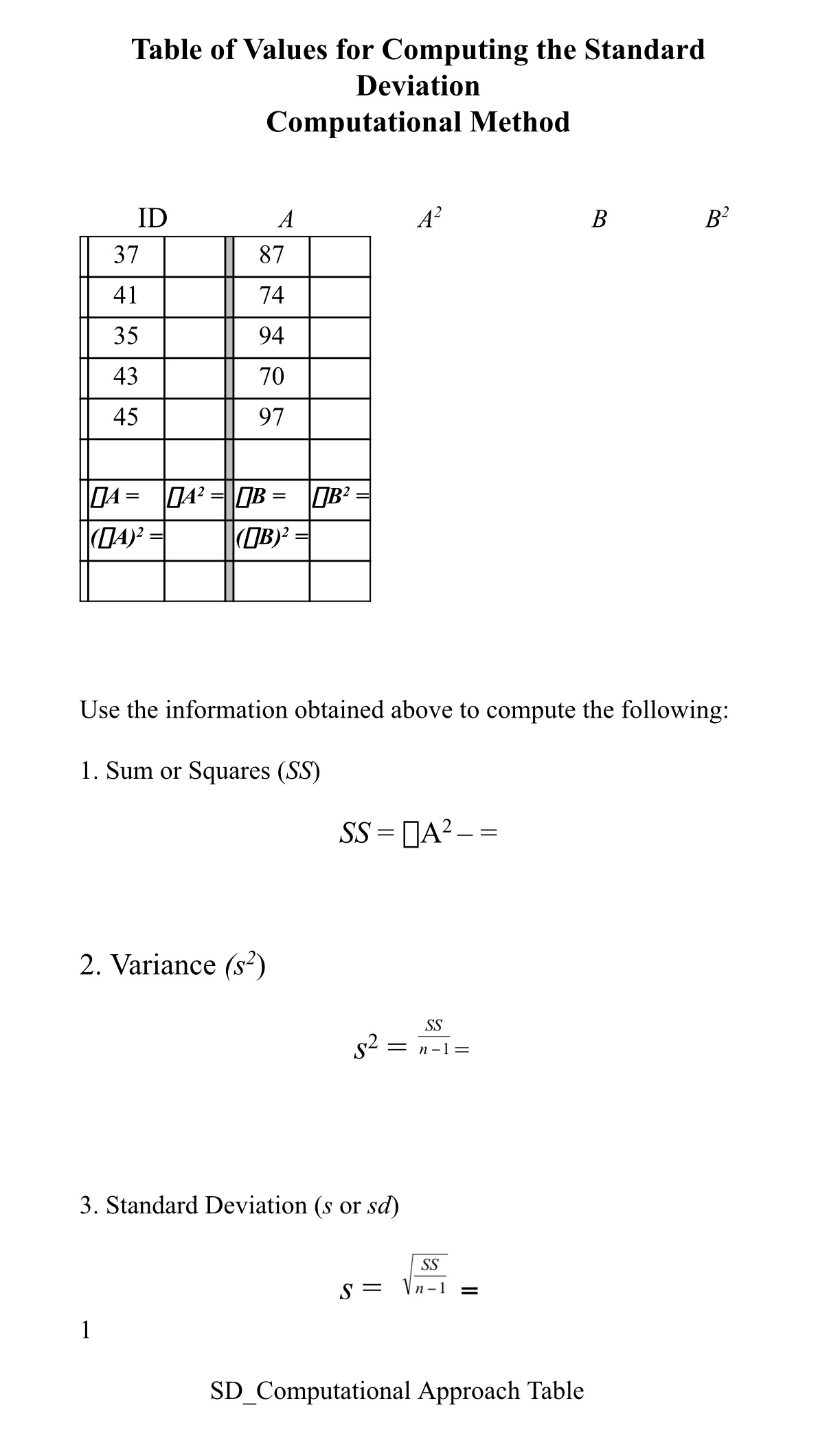 Please help Table of Values for Computing the