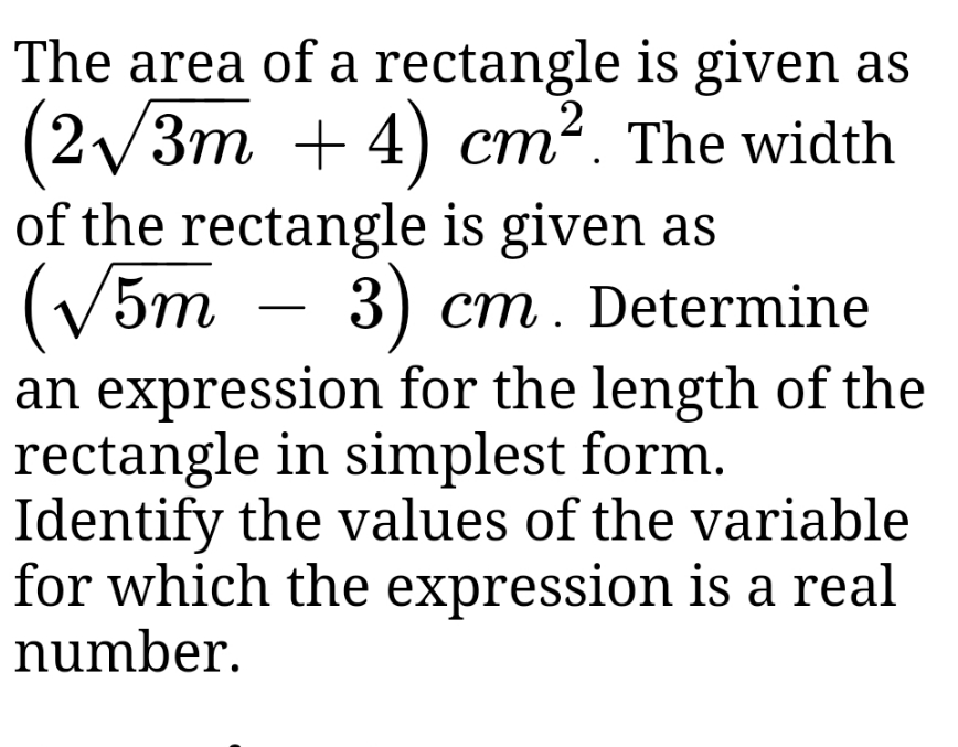 show steps The area of a rectangle is given as