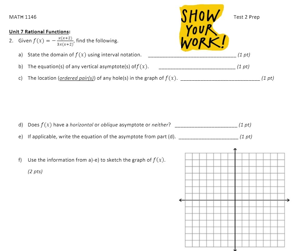 MATH 1146 SHOW Test 2 Prep Unit 7 Rational