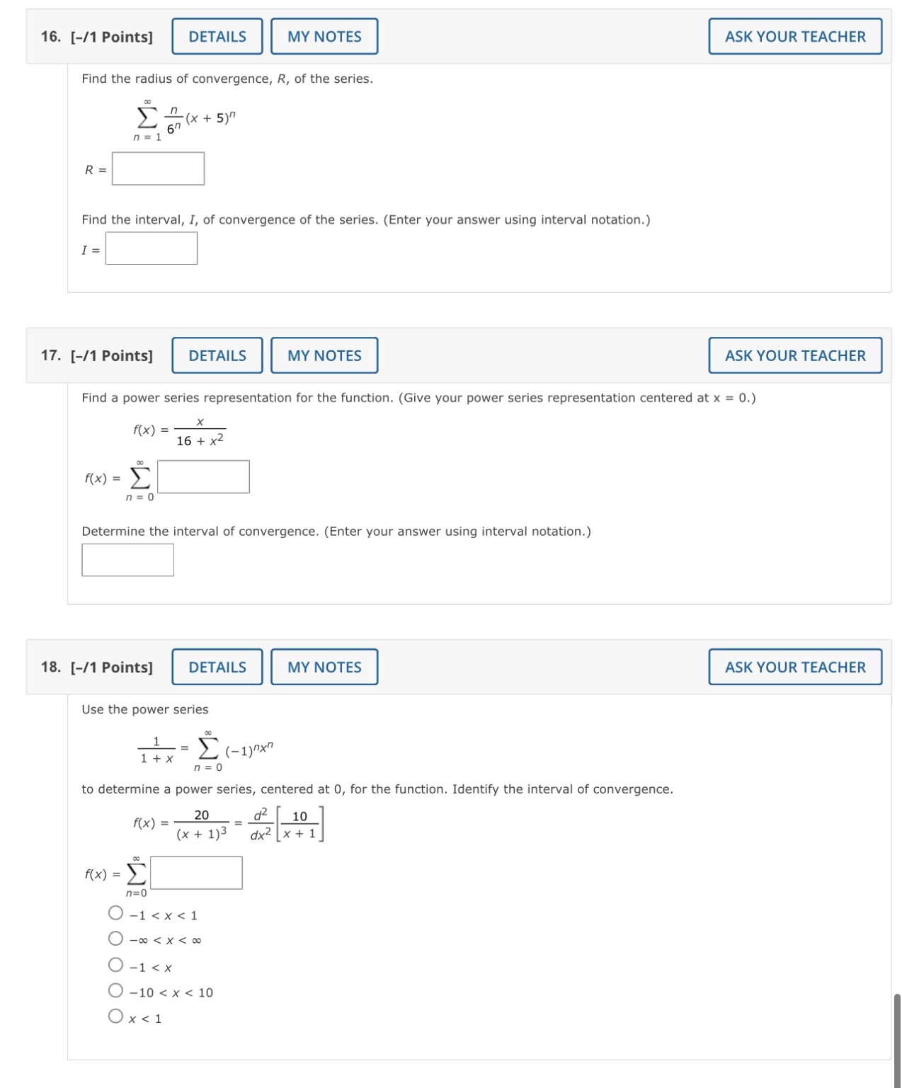 Could you help me solve 16-18? 16. [-/1 Points]
