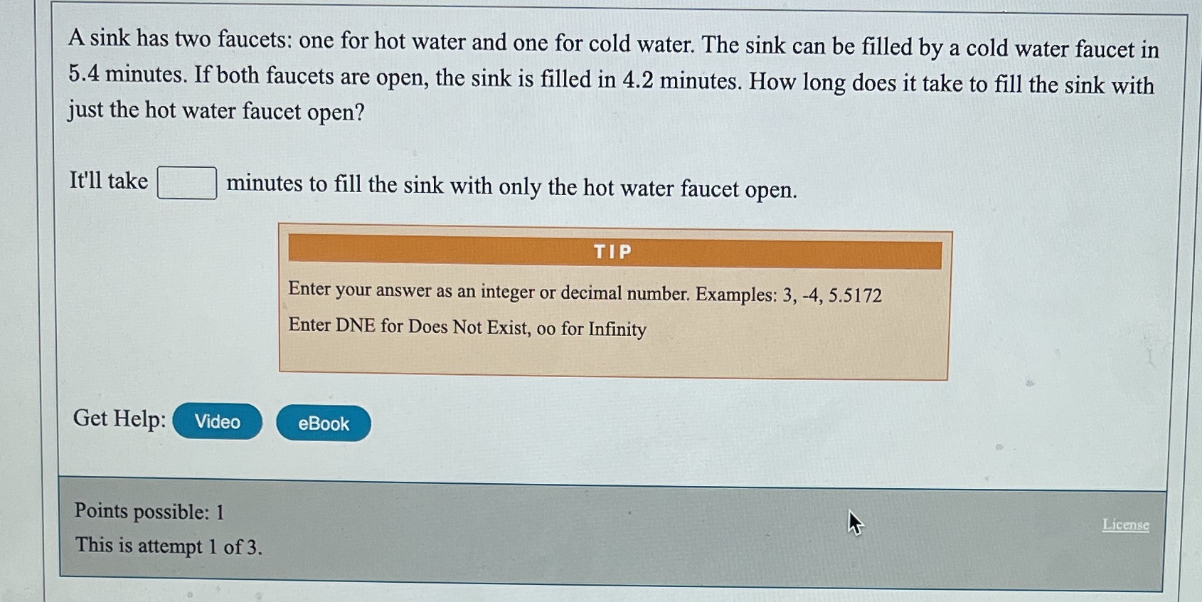 A sink has two faucets: one for hot water and one