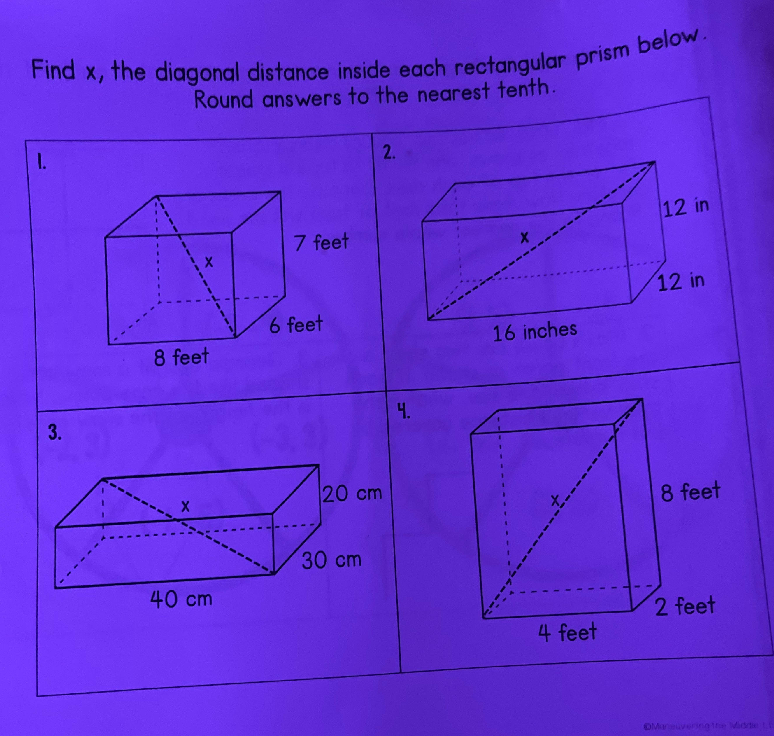 Find x, the diagonal distance inside each