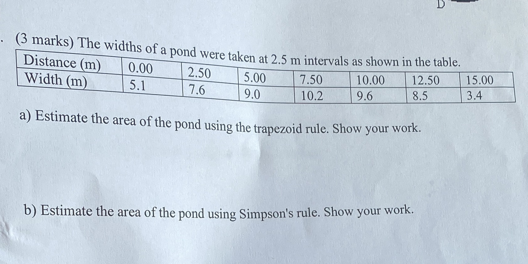 Measurements of irregular area (3 marks) The