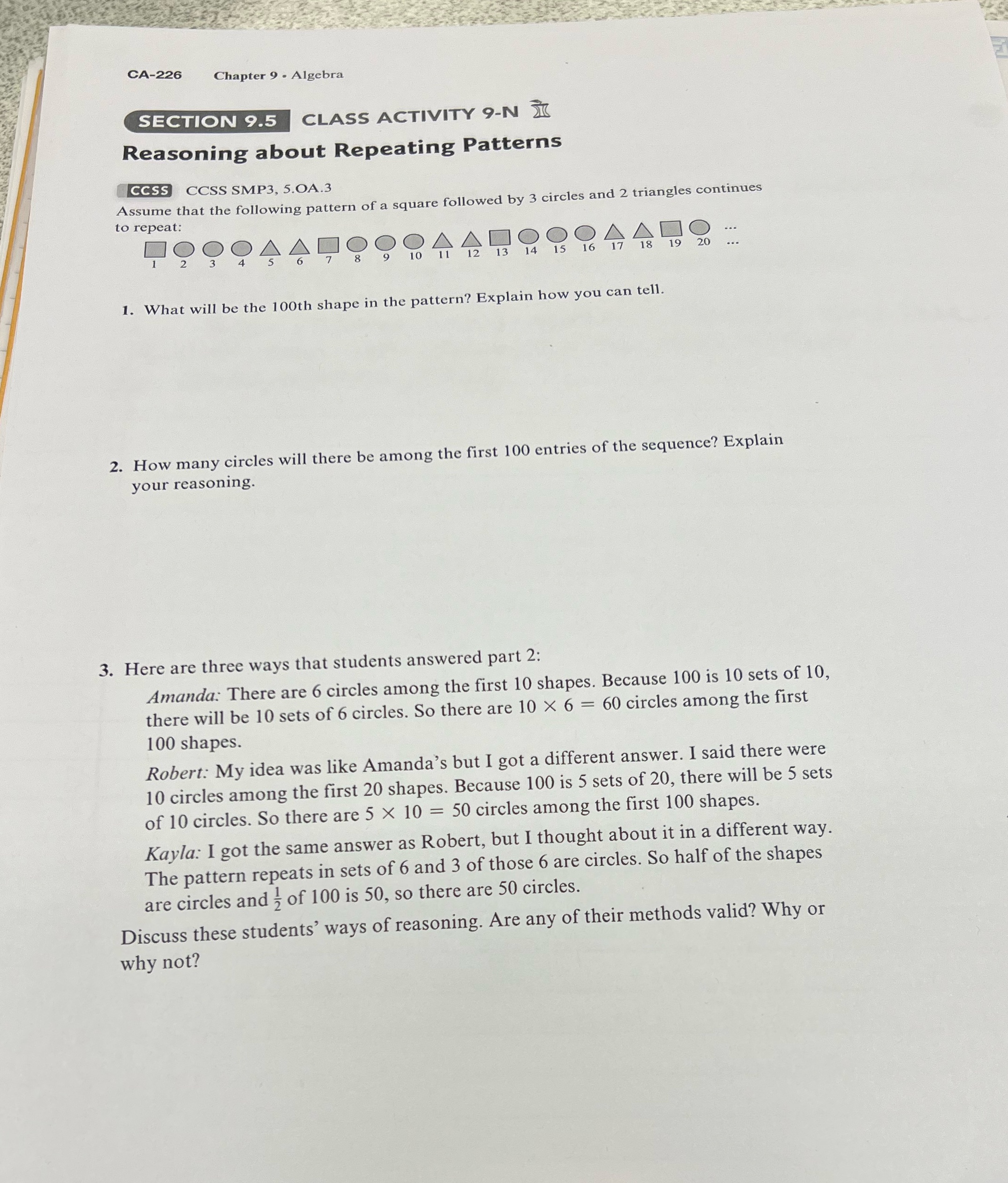 CA-226 Chapter 9 - Algebra SECTION 9.5 CLASS