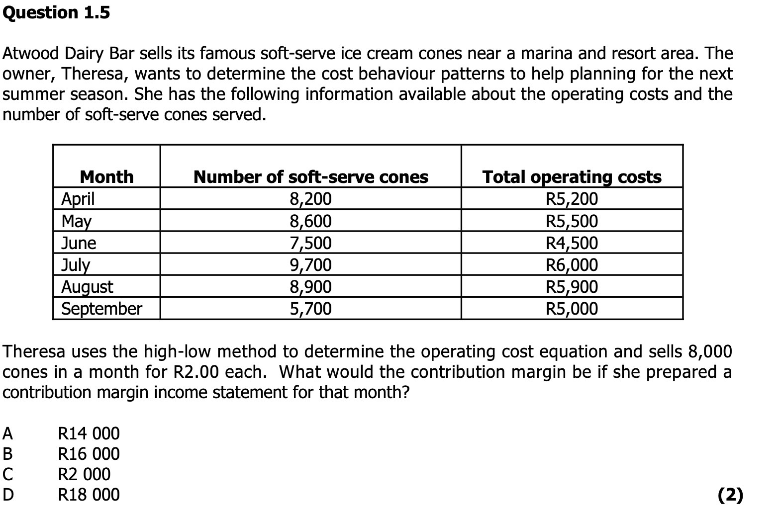 Question 1.5 Atwood Dairy Bar sells its famous