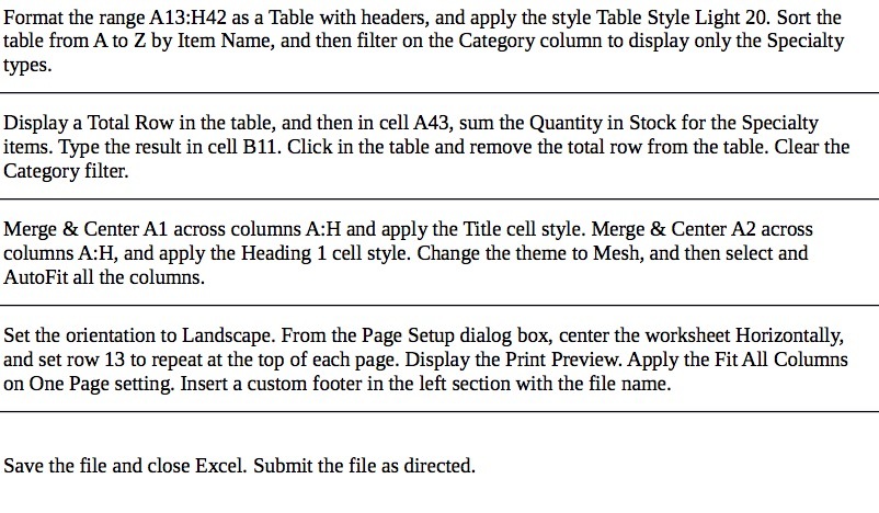 Format the range A13:H42 as a Table with headers,