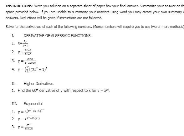 INSTRUCTIONS: Write you solution on a separate