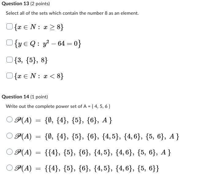 Question 13 [2 points} Select all of the sets