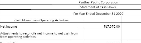 Panther Pacific Corporation Statement of Cash