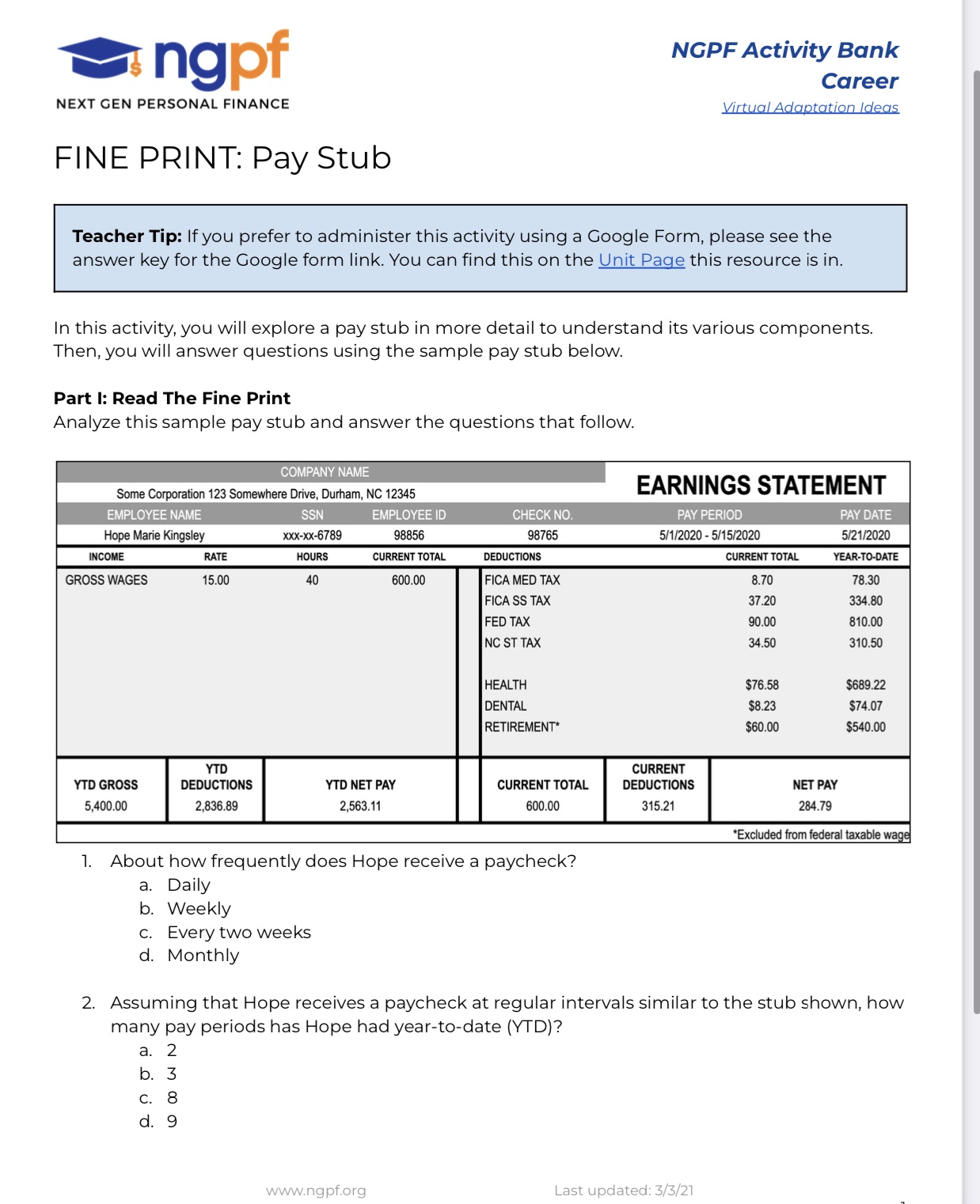 ingpf NGPF Activity Bank Career NEXT GEN PERSONAL