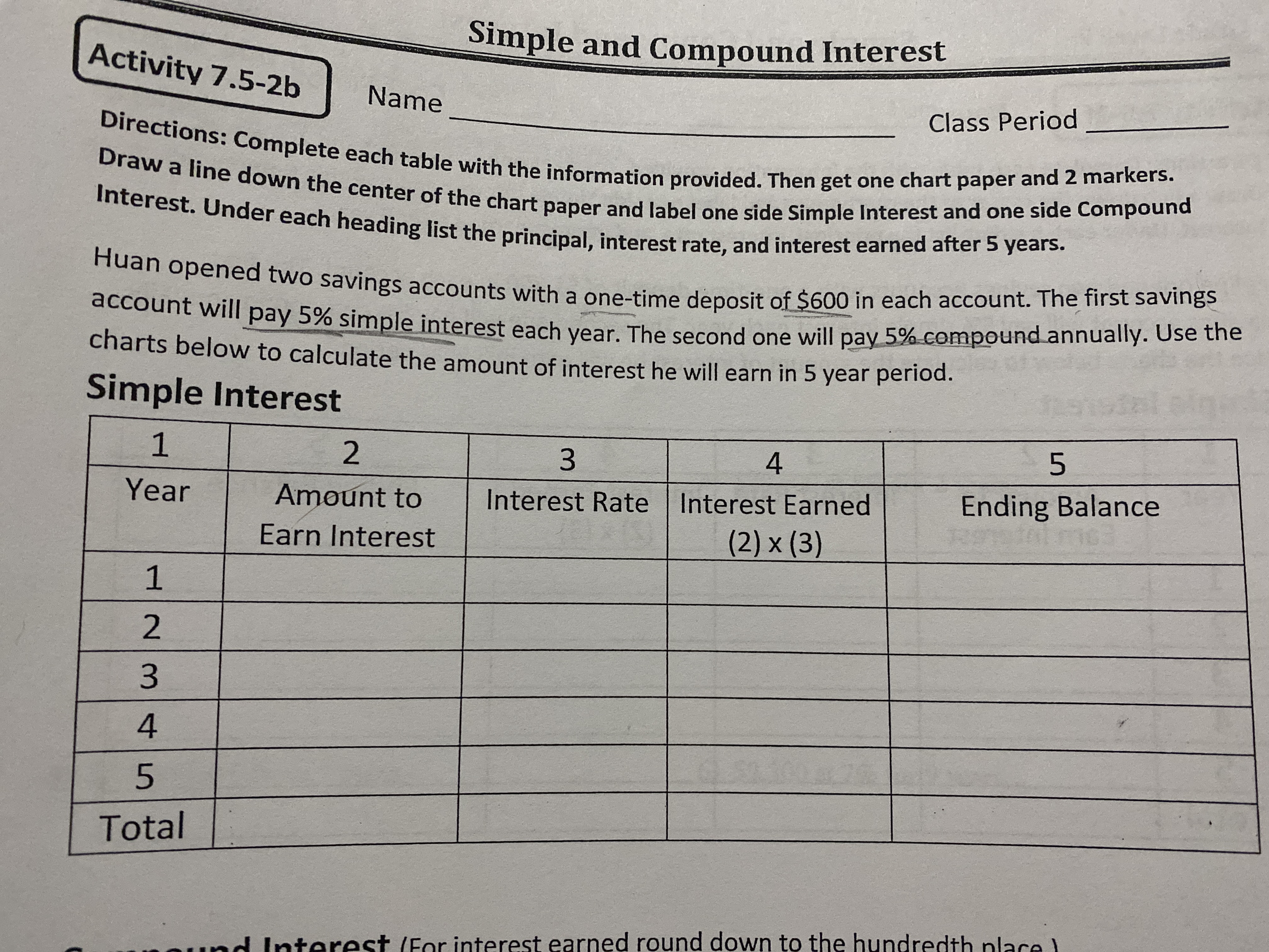 Simple and Compound Interest Activity 7.5-2b Name