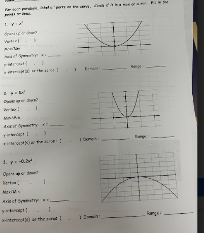 For each parabola, label all parts on the curve.