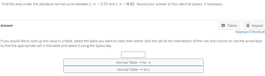Find the area under the standard normal curve