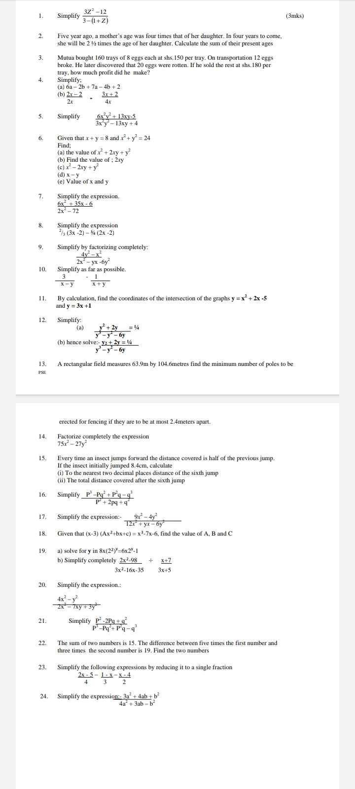 ...Work out the following algebraic expressions.
