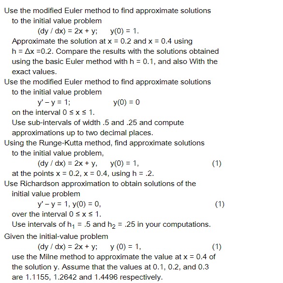 Euler's Method and Modified Euler's Method: Find