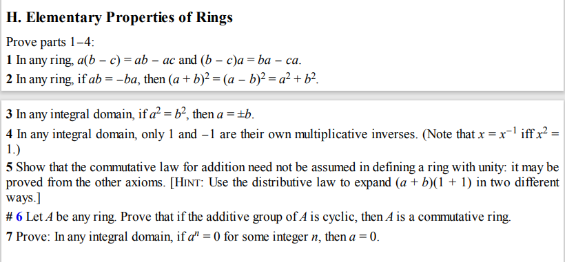 H. Elementary Properties of Rings Prove parts