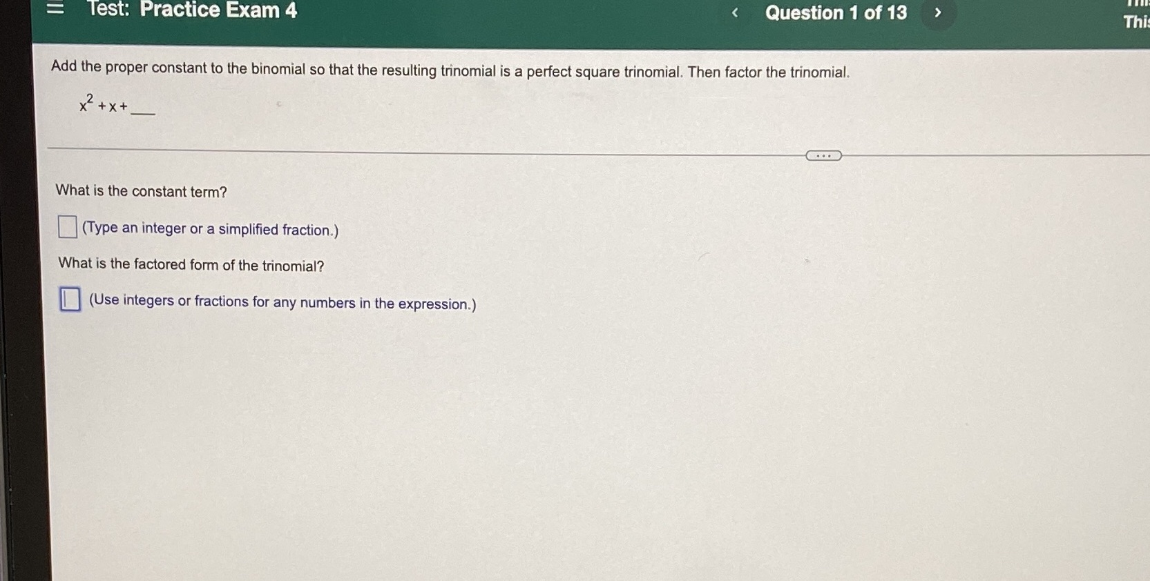 = Test: Practice Exam 4 < Question 1 of 13 > Thi