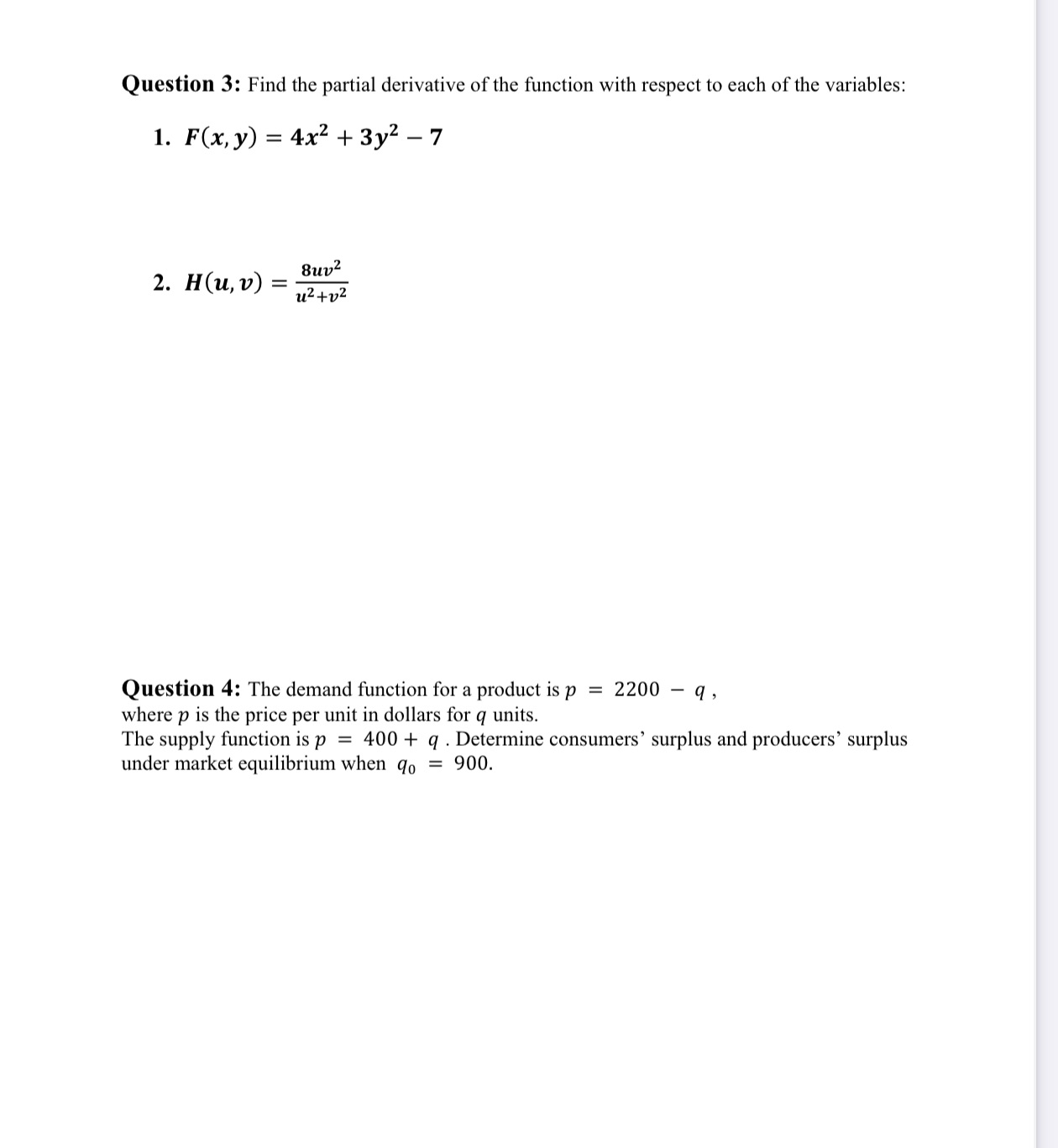 Question 3: Find the partial derivative of the