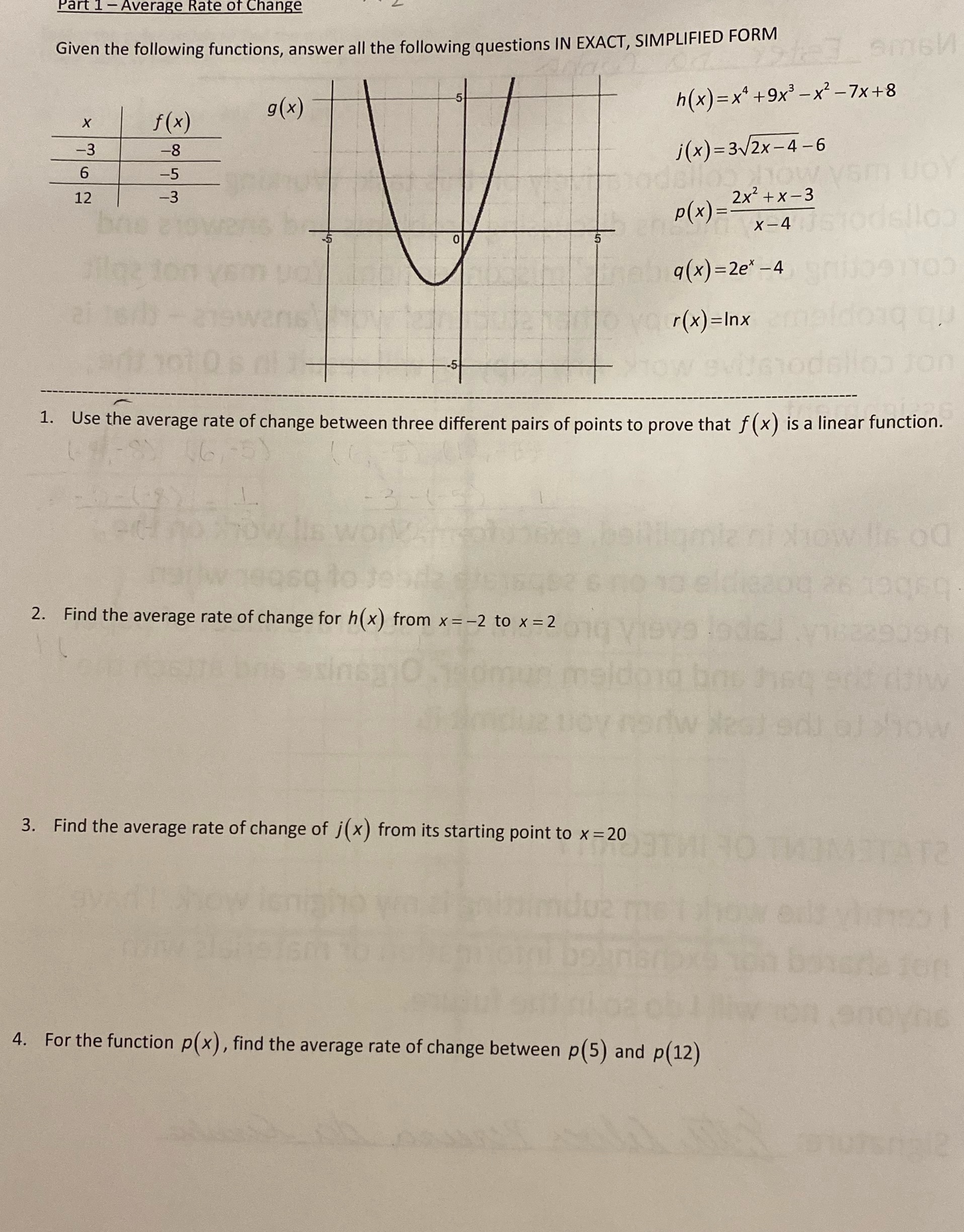 Part 1 - Average Rate of Change Given the