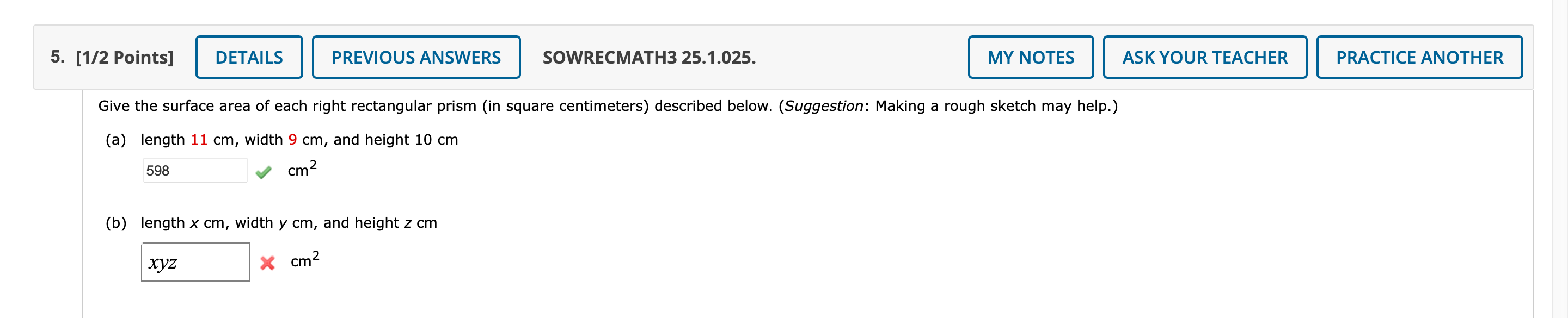 Give the surface area of each right rectangular