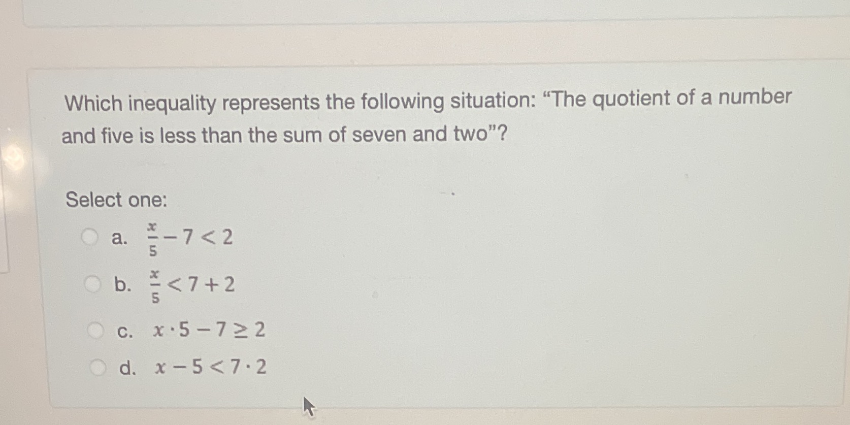 Which inequality represents the following