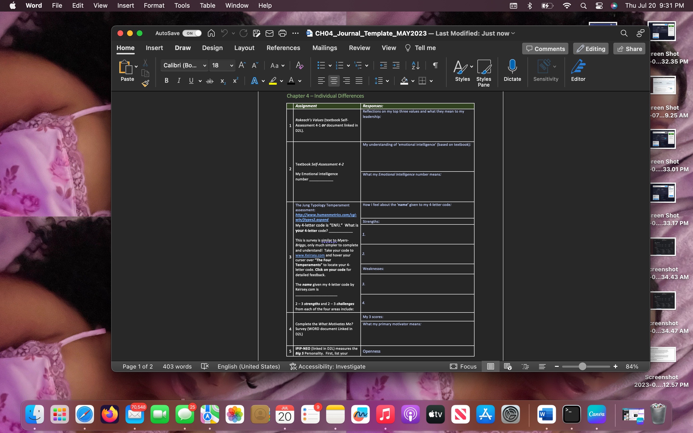 Word File Edit View Insert Format Tools Table