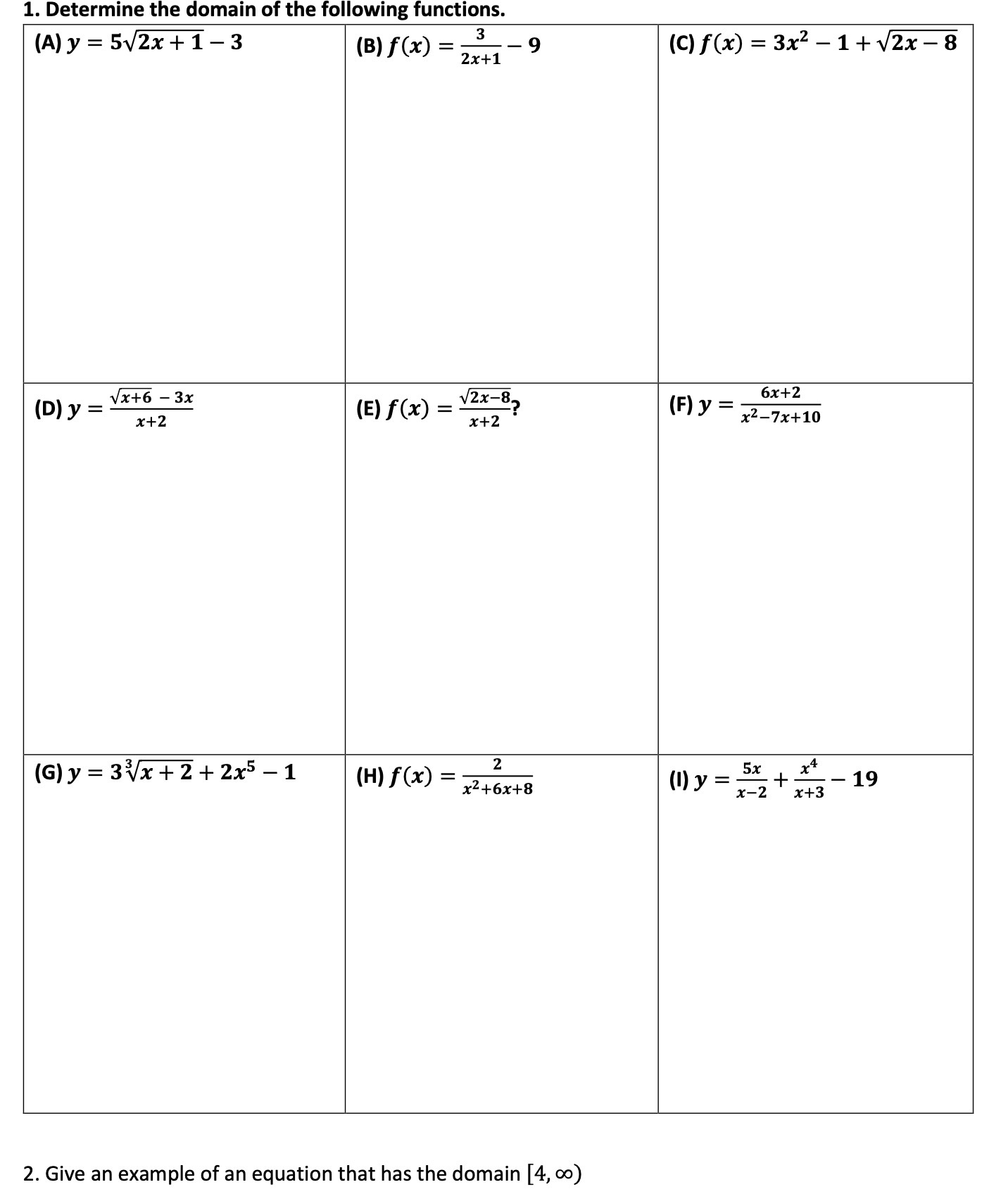 1. Determine the domain of the following