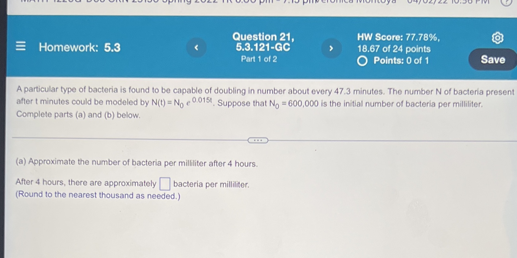 Question 21, HW Score: 77.78%, Homework: 5.3 <