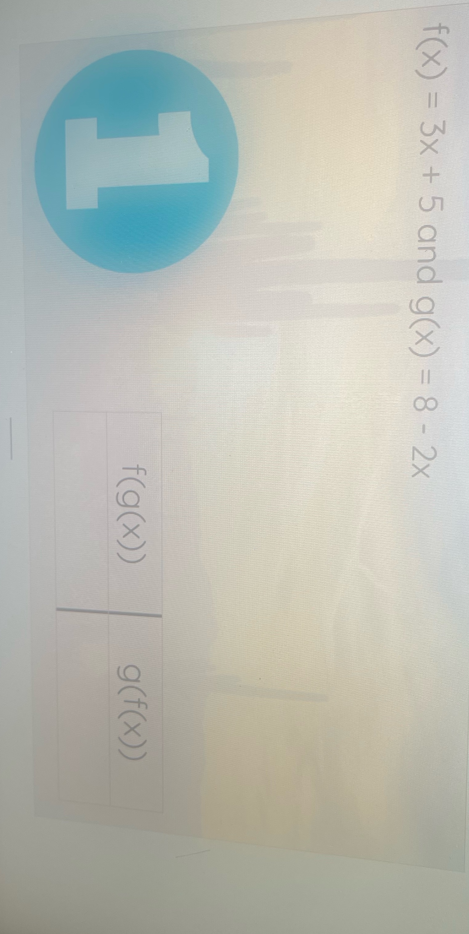 f (x) = 3x + 5 and g(x) = 8- 2x f(g (x ) ) g (f (