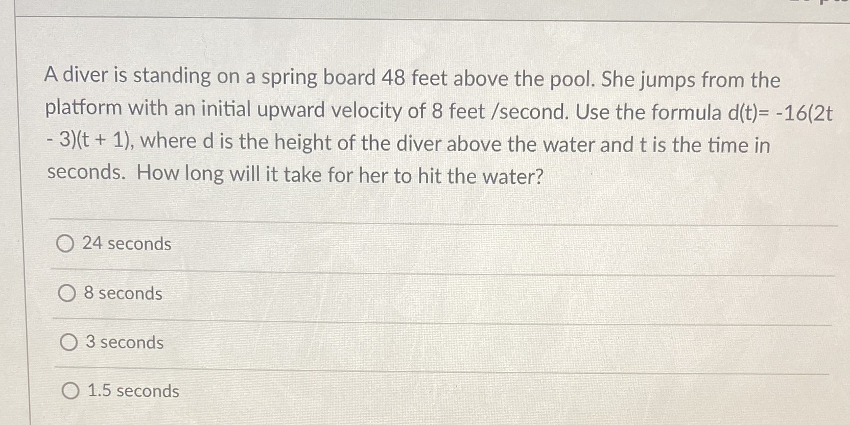 A diver is standing on a spring board 48 feet