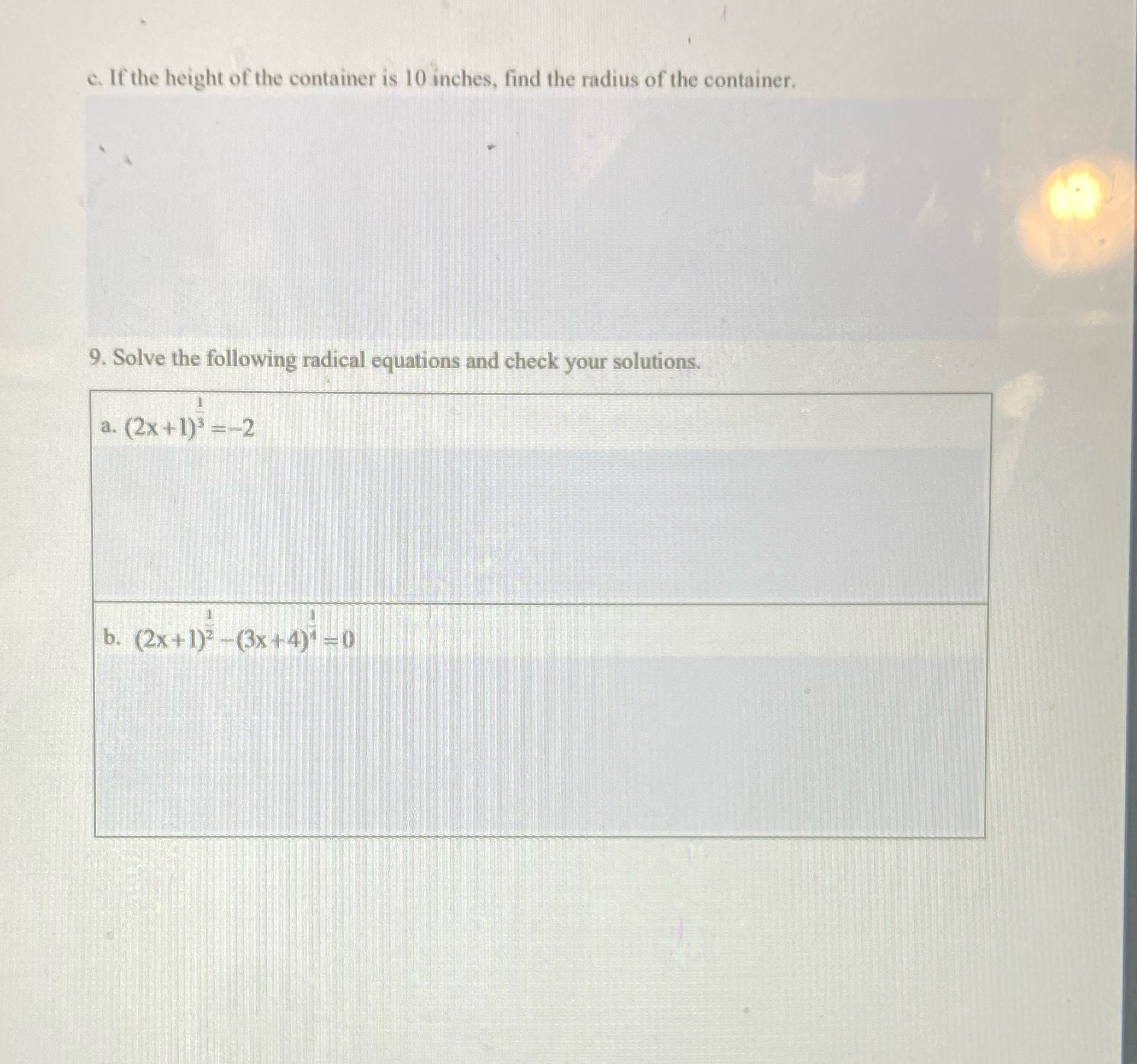 c. If the height of the container is 10 inches,