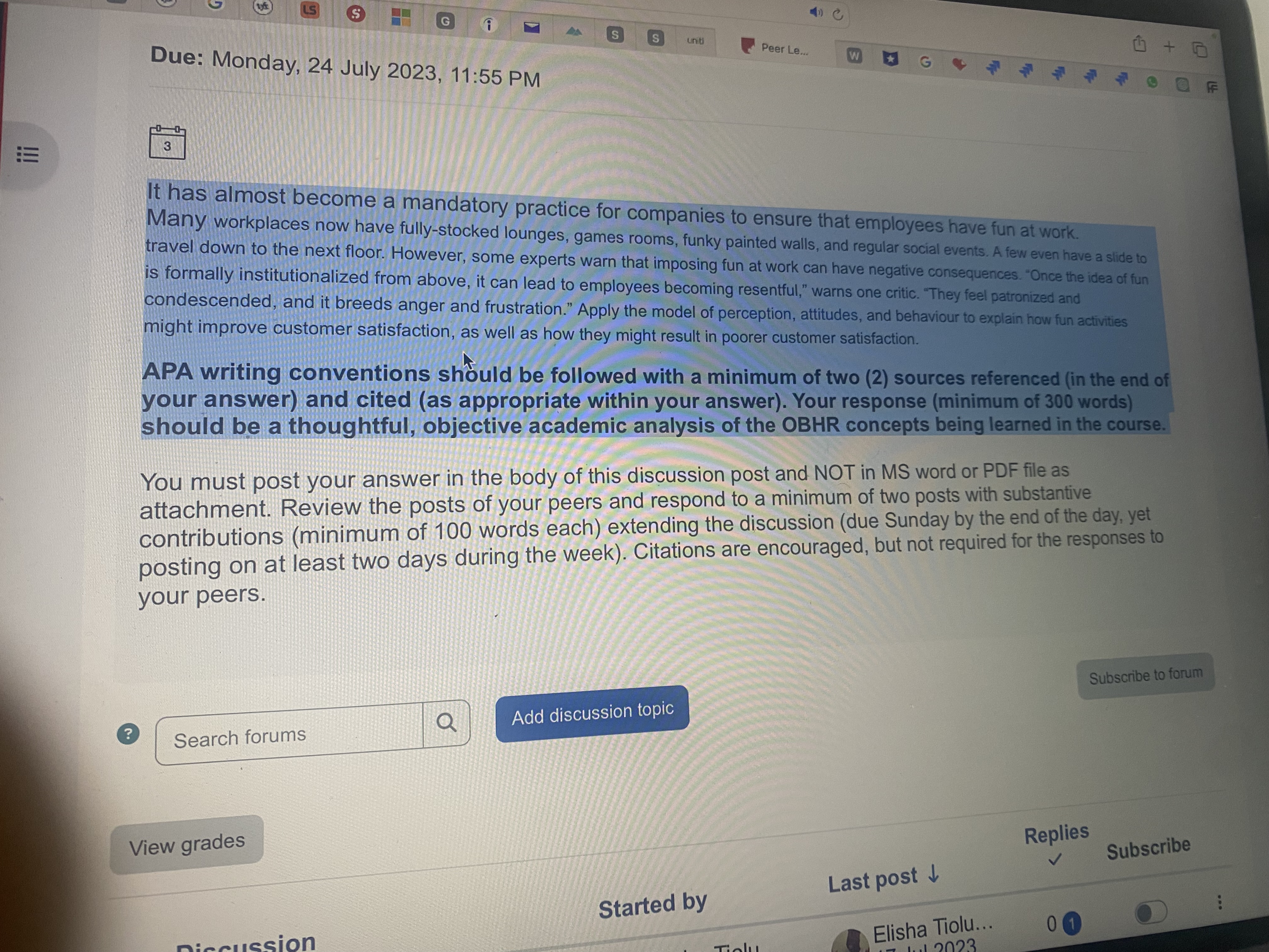 S S unit Peer Le. + L Due: Monday, 24 July 2023,