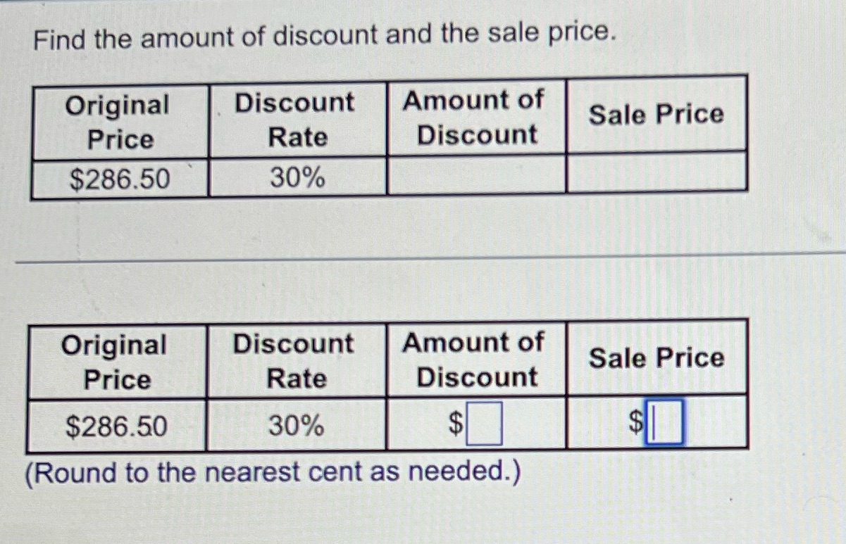 Find the amount of discount and the sale price.