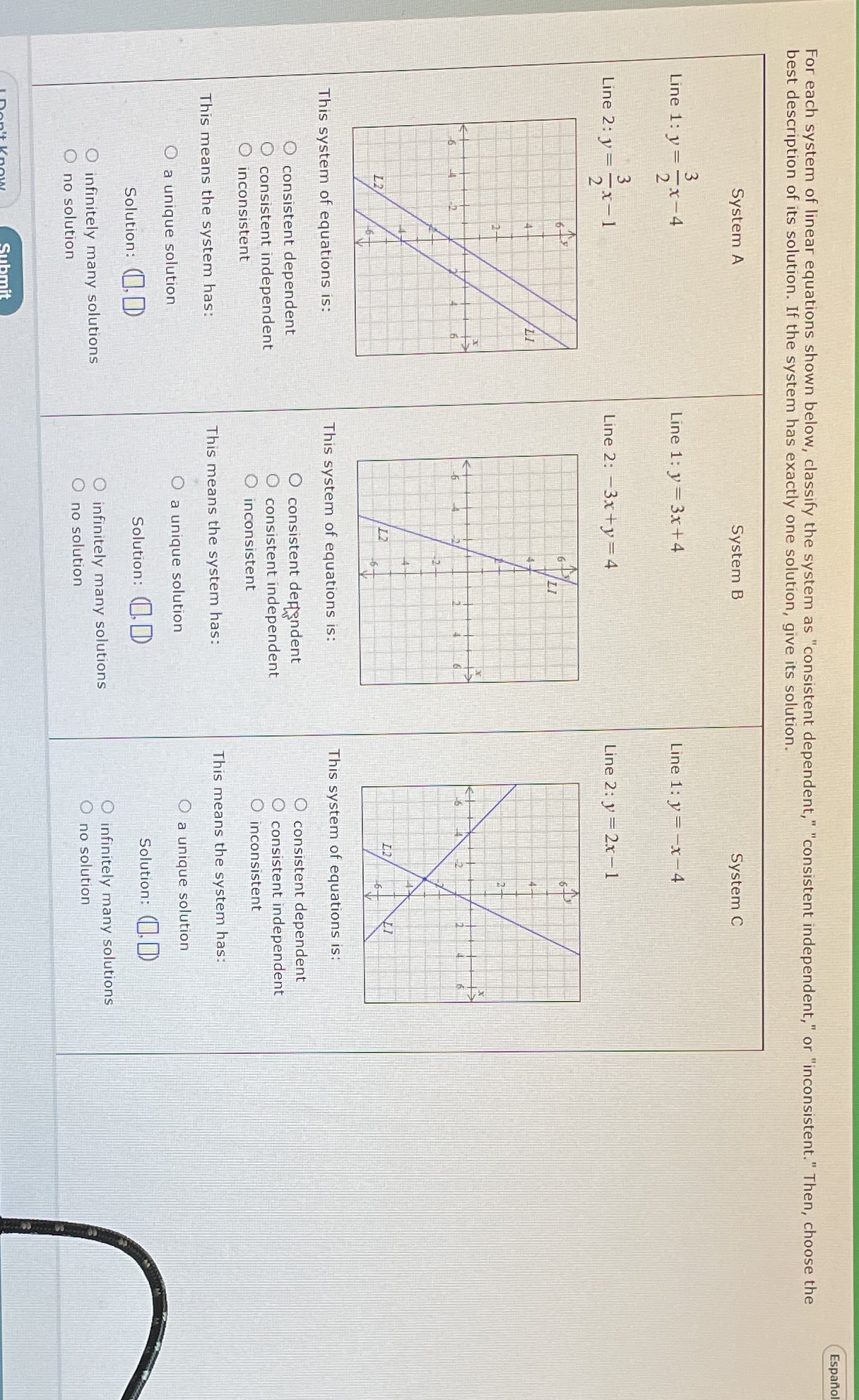 Espano For each system of linear equations shown