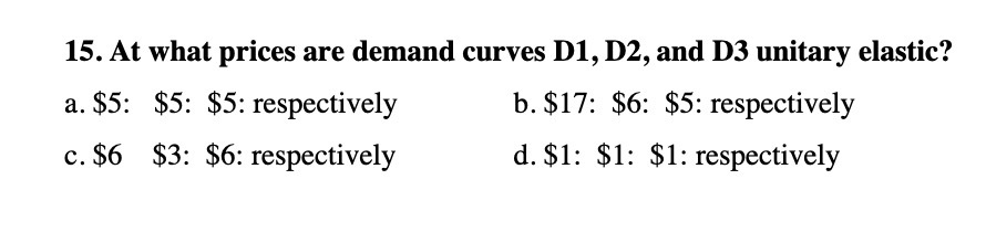 15. At what prices are demand curves D1, D2, and