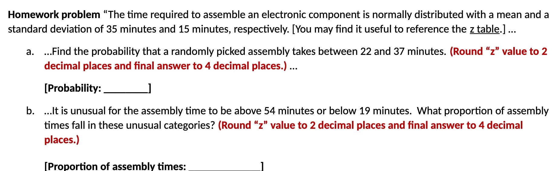 Homework problem "The time required to assemble