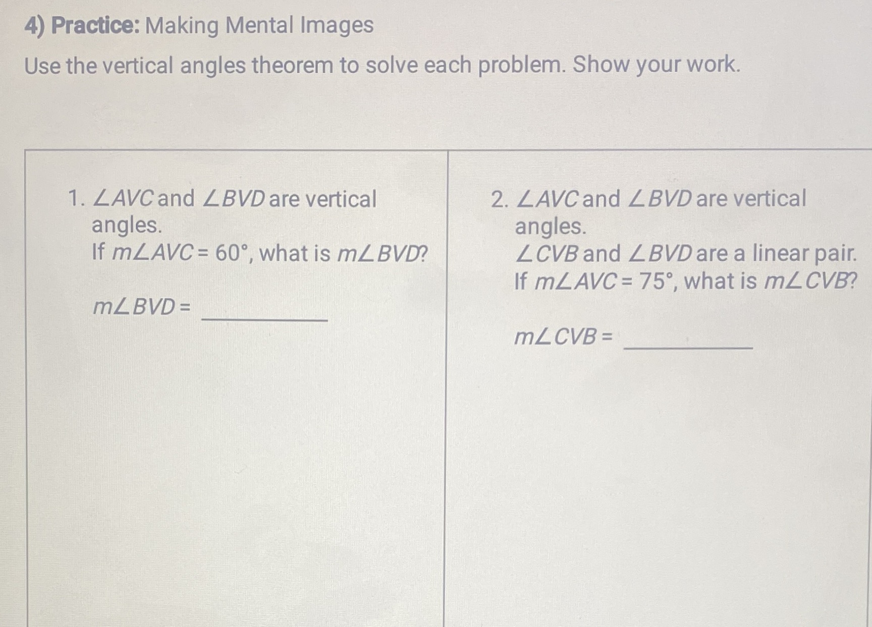 Use the vertical angles theorem to solve each