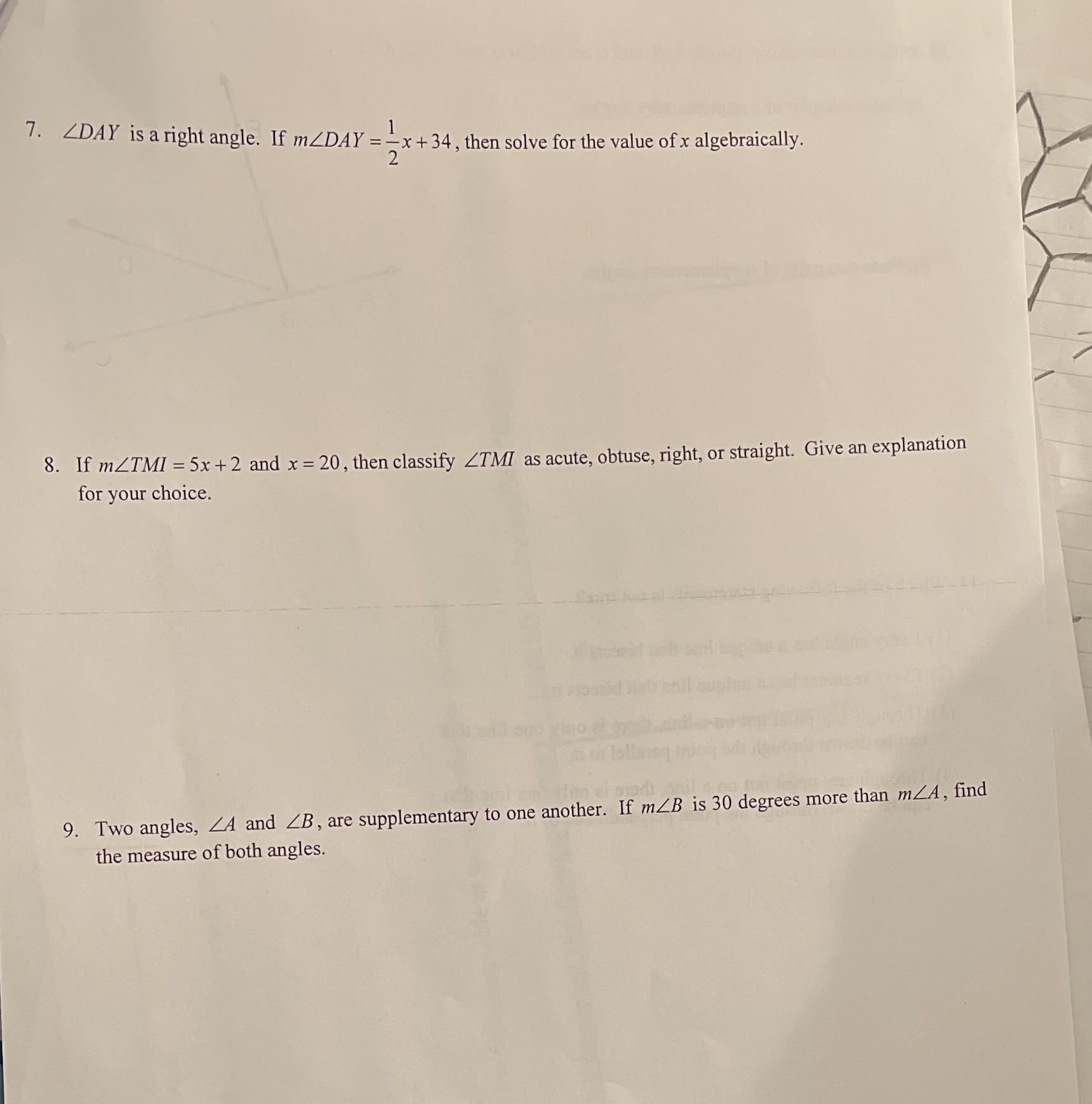 7. LDAY is a right angle. If m/DAY = _x + 34,