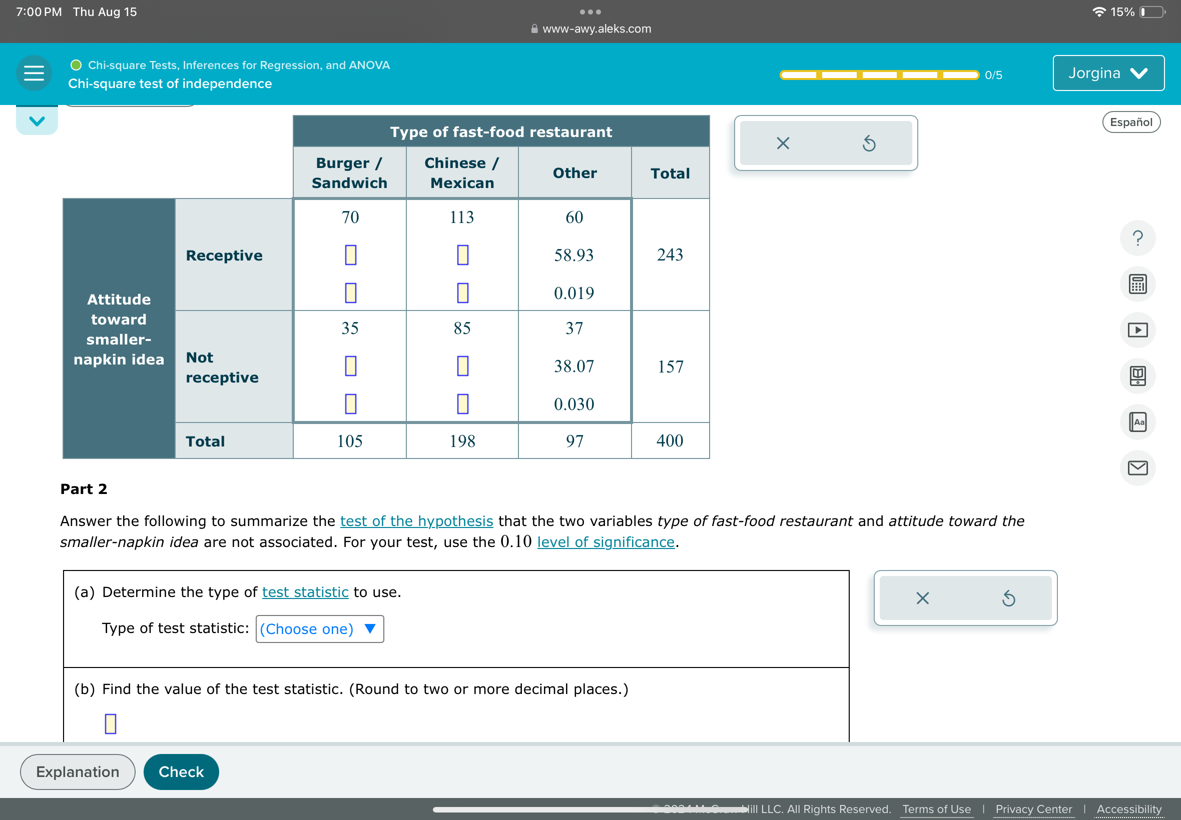 7:00 PM Thu Aug 15 . . . 15% awww-awy.aleks.com E